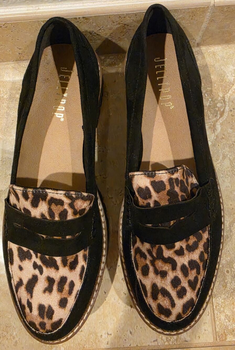 Jellypop Womens Black Leopard Print Lug Sole Penny Loafers Platform Shoes size 8